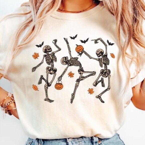 Dancing Skeletons Halloween Shirt, Retro Spooky Graphic Tee - Picture 1 of 3